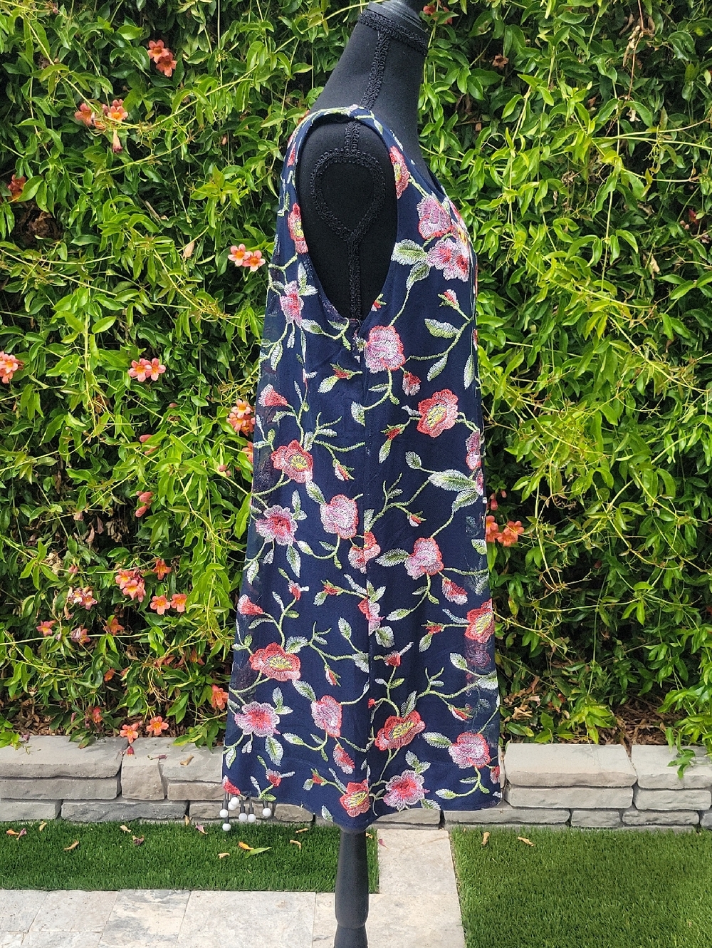 Floral Embroidered Navy and Pink Boho Sleeveless Dress XL - Picture 5 of 16